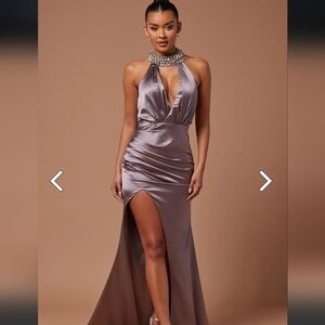 FashionNovaSatin Embellished Gown Halter dress with a keyhole top and High Slit.